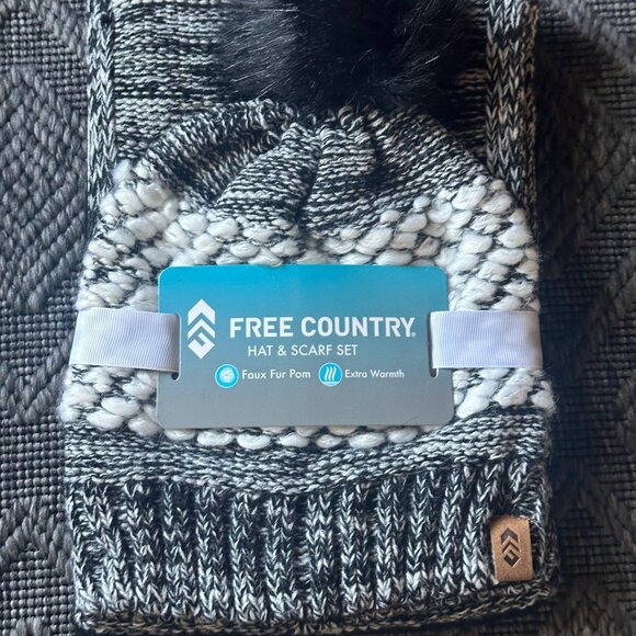 Knit Hat and Scarf Set NEW Black White 2 PC Free Country NWT w/Pom Pom - Picture 1 of 2